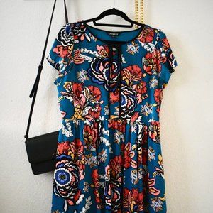 Express Teal Flowy Floral A-line Dress